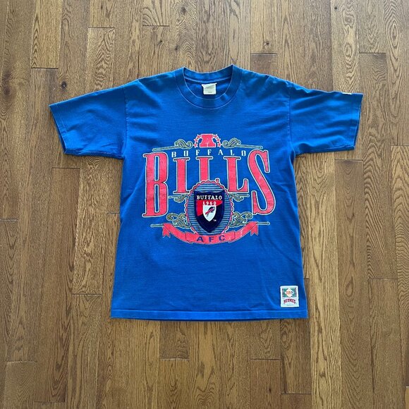 Vintage 90s Buffalo Bills Nutmeg Mills Patchwork Graphic T-Shirt NFL Football - Picture 1 of 7